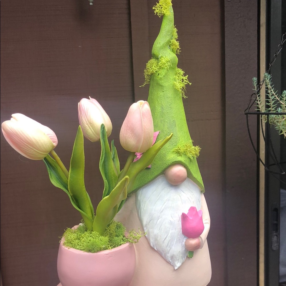 Whimsical Spring Garden Gnome with Tulips and Moss